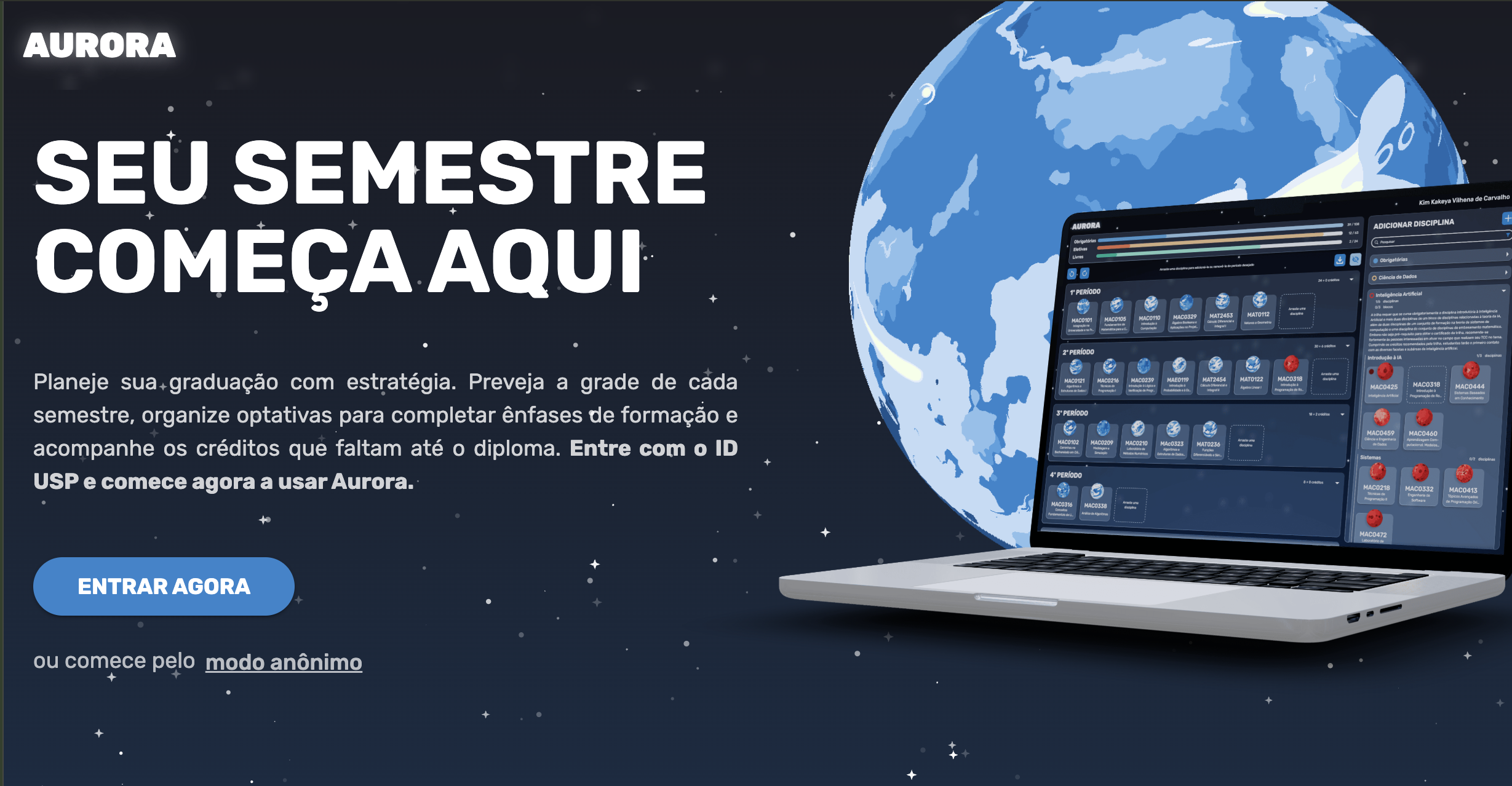 Aurora landing page, showing the headline "Seu semestre começa aqui" next to a laptop displaying the semester planner